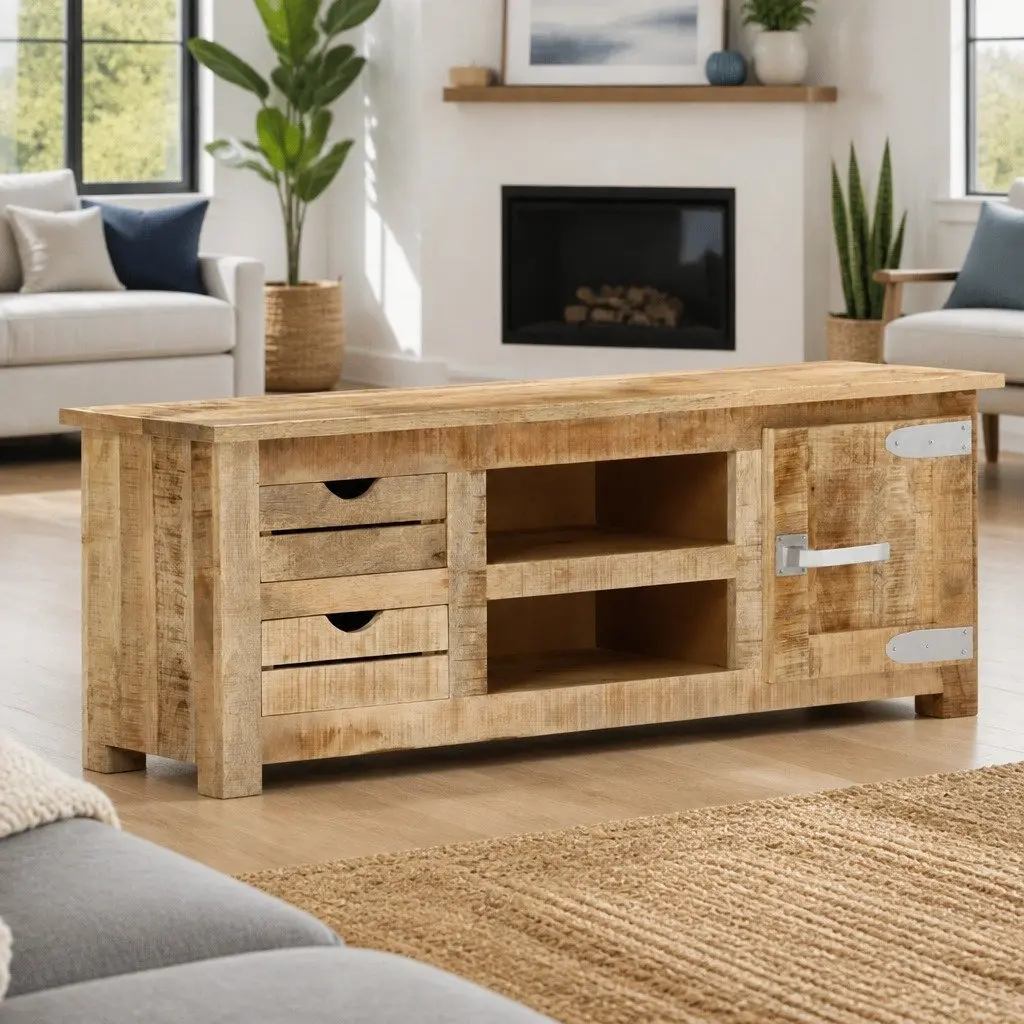 TV Cabinet 110x30x40 cm Rough Mango Wood Sideboard with Drawers Compartments