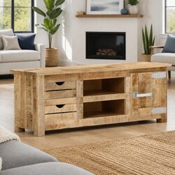 Rustic TV Cabinet in Rough Mango Wood with Storage