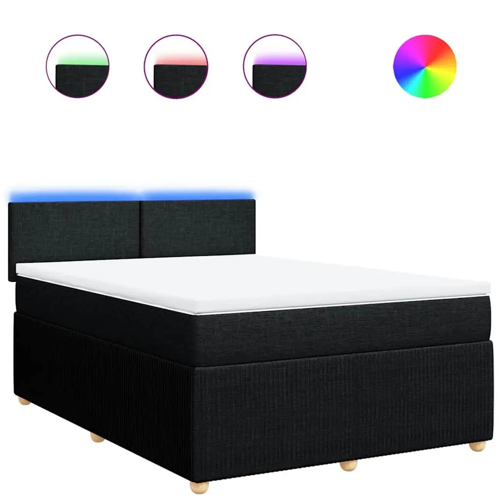 Double Box Spring Bed Black Fabric Double Size with Mattress and Mattress Topper LED Lights