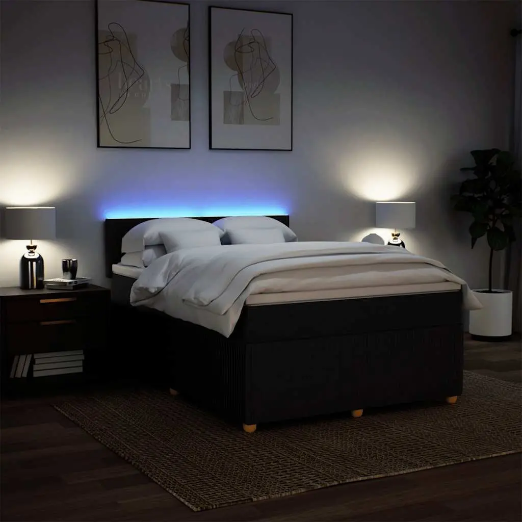 Double Box Spring Bed Black Fabric Double Size with Mattress and Mattress Topper LED Lights