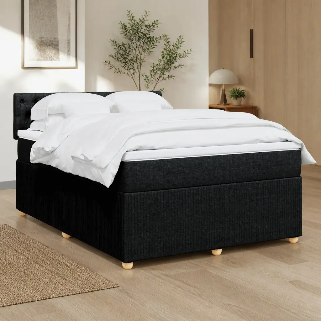 Double Box Spring Bed Black Fabric Frame Double Pocket Spring Mattress with LED Lights