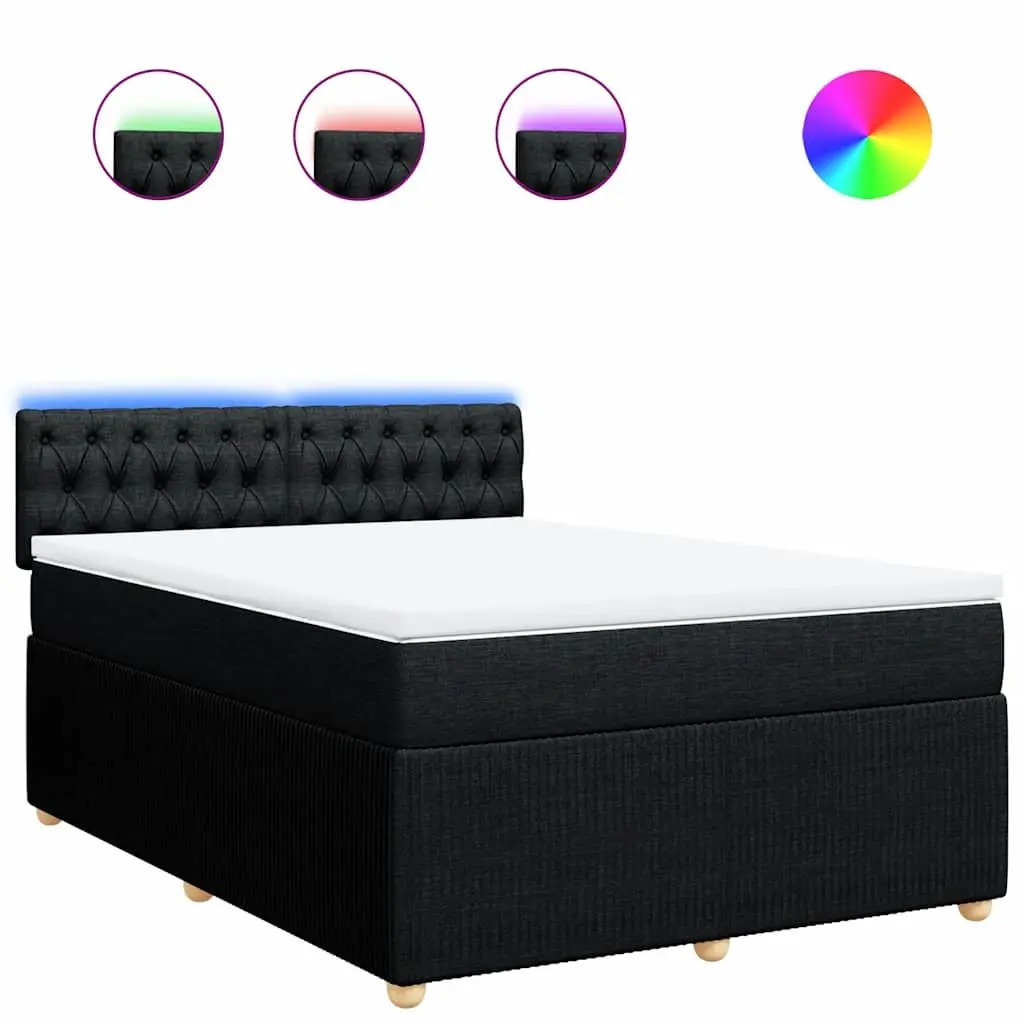 Double Box Spring Bed Black Fabric Frame Double Pocket Spring Mattress with LED Lights