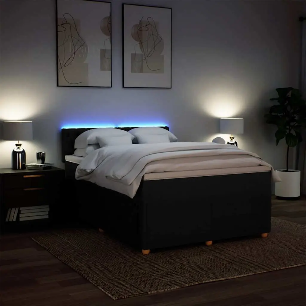 Double Box Spring Bed Black Fabric Frame Double Pocket Spring Mattress with LED Lights