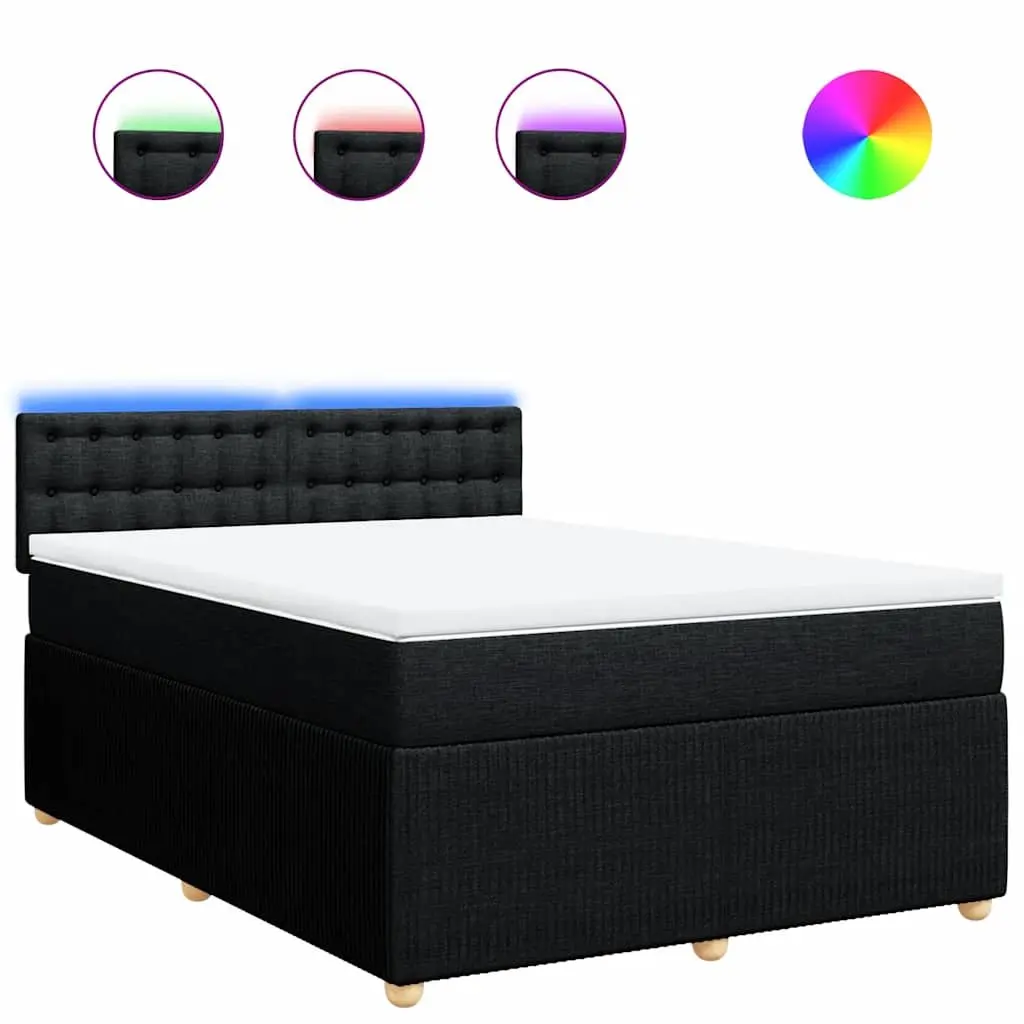 Double Box Spring Bed with Mattress Black Fabric LED Lights Double Size Polyester Fabric