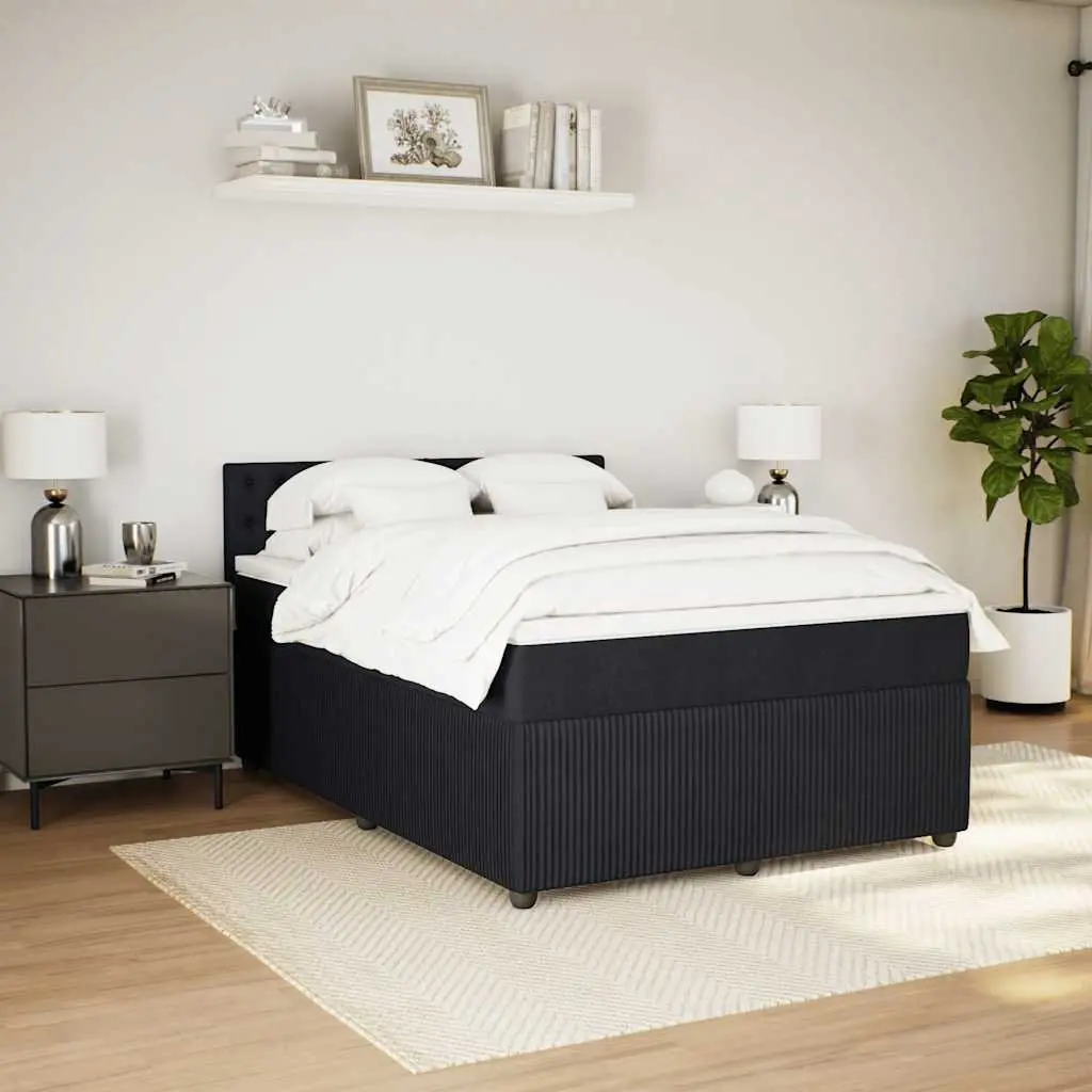 Double Box Spring Bed with Mattress Black Fabric LED Lights Double Size Polyester Fabric