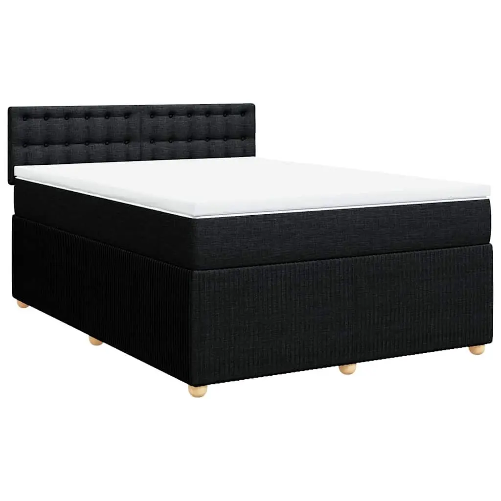 Double Box Spring Bed with Mattress Black Fabric LED Lights Double Size Polyester Fabric