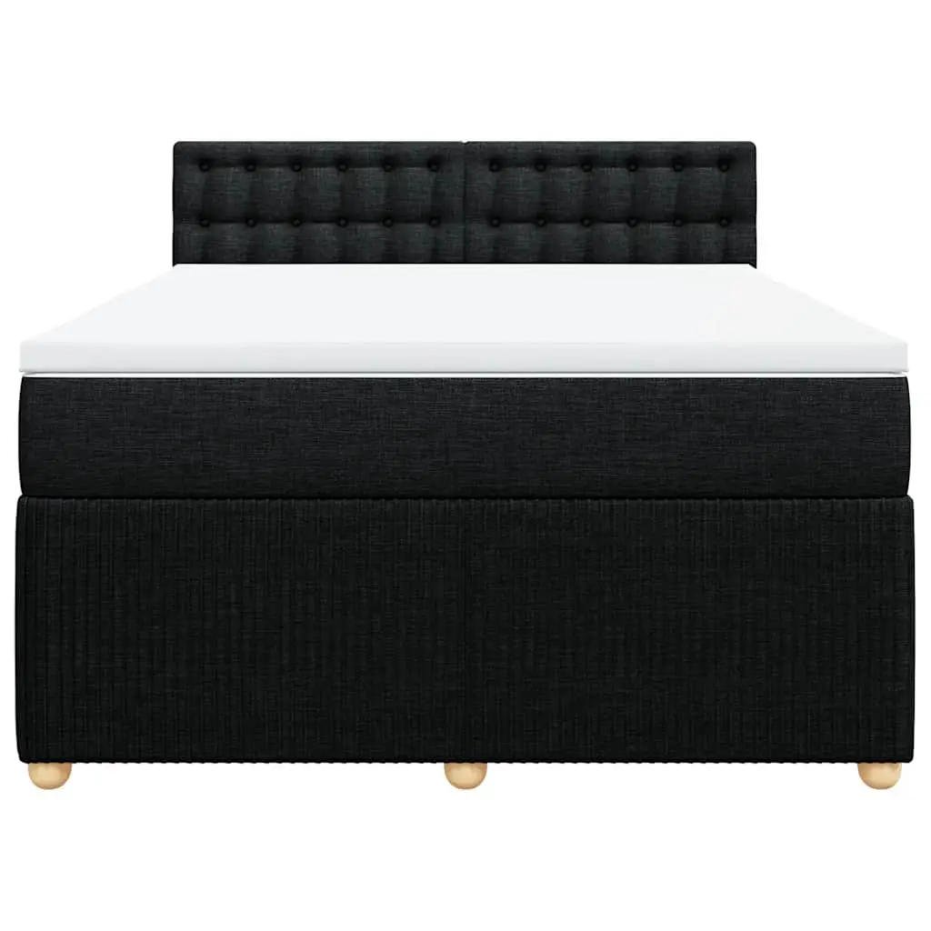 Double Box Spring Bed with Mattress Black Fabric LED Lights Double Size Polyester Fabric