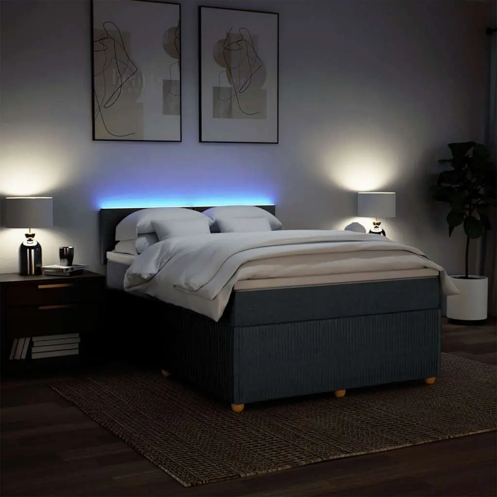 Queen Box Spring Bed Dark Grey Fabric Frame with Pocket Spring Mattress and LED Lights