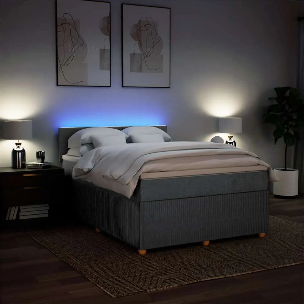 Queen Box Spring Bed Grey Fabric Pocket Spring Mattress with LED Lights