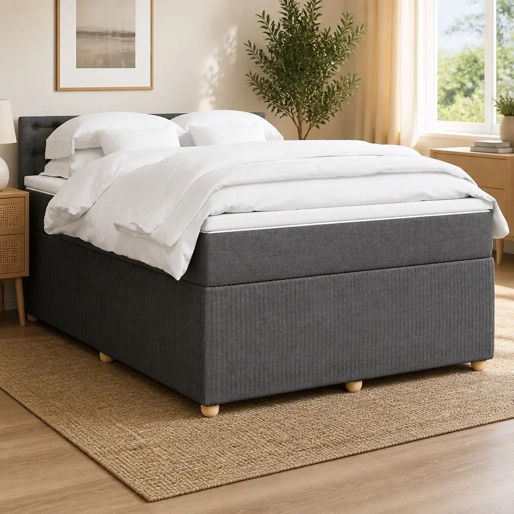 Queen Box Spring Bed Light Grey Fabric Frame Pocket Spring Mattress with LED Light