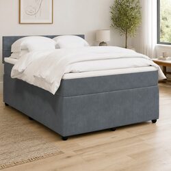 Double Box Spring Bed with Pocket Spring Mattress in Grey Velvet