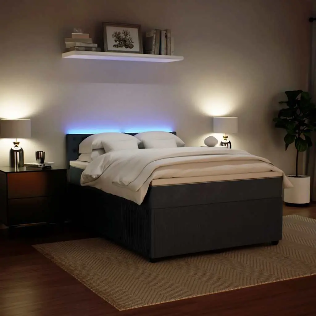 Box Spring Bed Grey Velvet Double Pocket Spring Mattress with LED Lights
