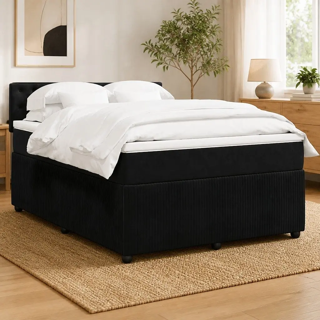Box Spring Bed Velvet Grey Double Pocket Spring Mattress with LED Lights