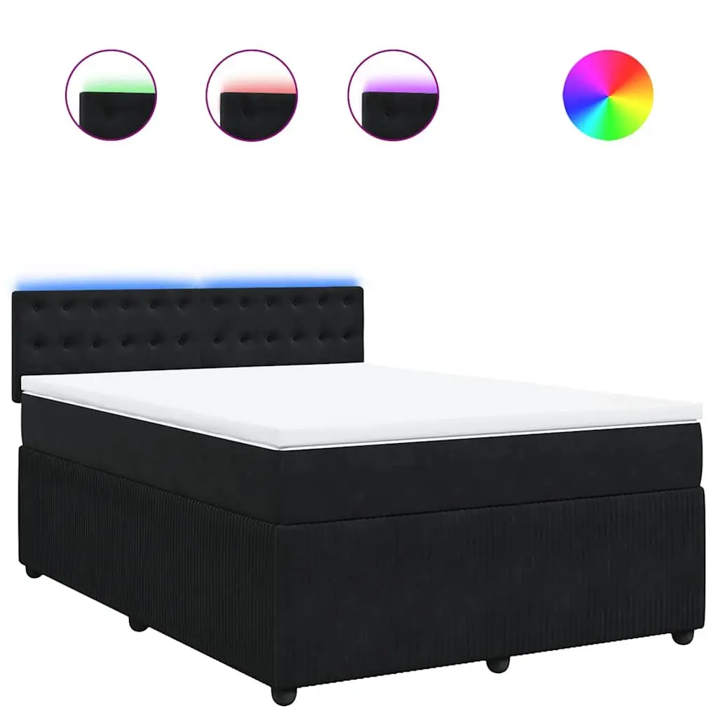 Box Spring Bed Velvet Grey Double Pocket Spring Mattress with LED Lights
