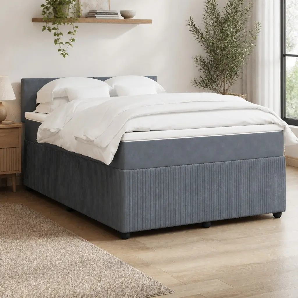Queen Box Spring Bed Grey Velvet Upholstered Pocket Mattress with LED Lights