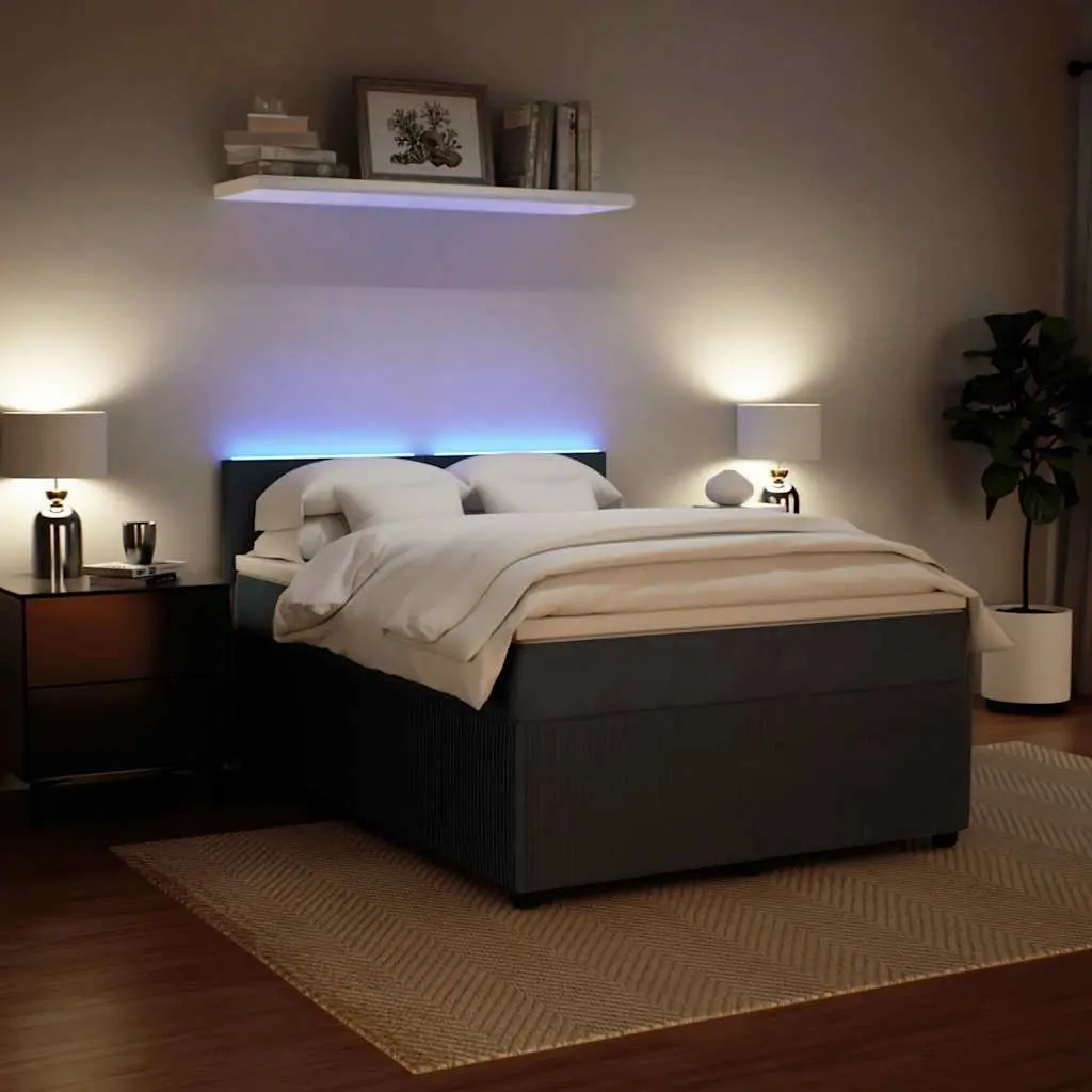 Queen Box Spring Bed Grey Velvet Upholstered Pocket Mattress with LED Lights