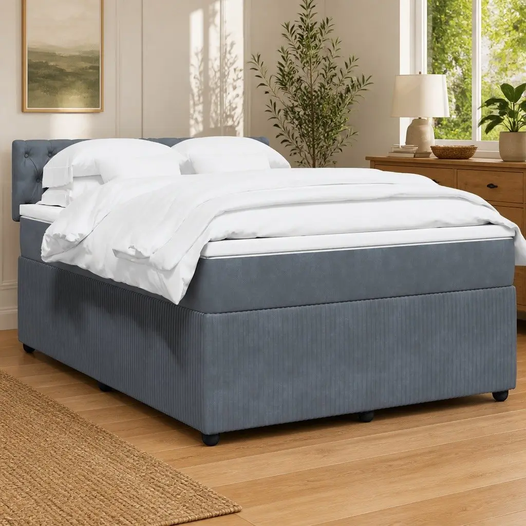 Queen Box Spring Bed Grey Velvet with Pocket Spring Mattress and LED Lights