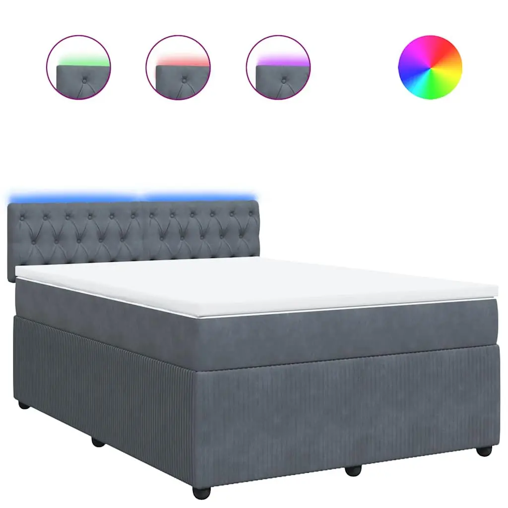 Queen Box Spring Bed Grey Velvet with Pocket Spring Mattress and LED Lights