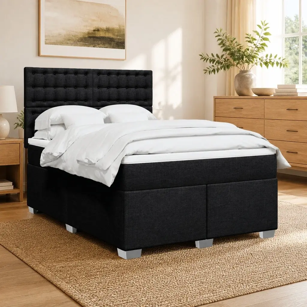 Double Box Spring Bed Black Fabric Adjustable Height Double Pocket Spring Mattress