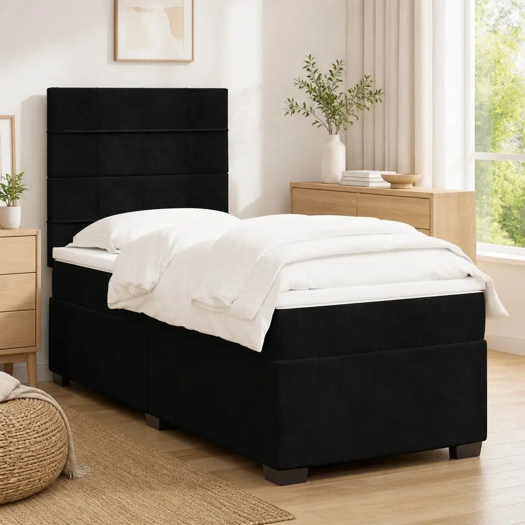 Box Spring Bed King Single Velvet Upholstery Pocket Spring Mattress Height-Adjustable Headboard Slatted Base
