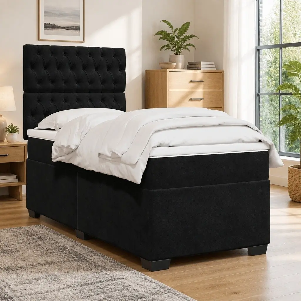 Box Spring Bed Pocket Spring Mattress Black King Single Velvet Headboard