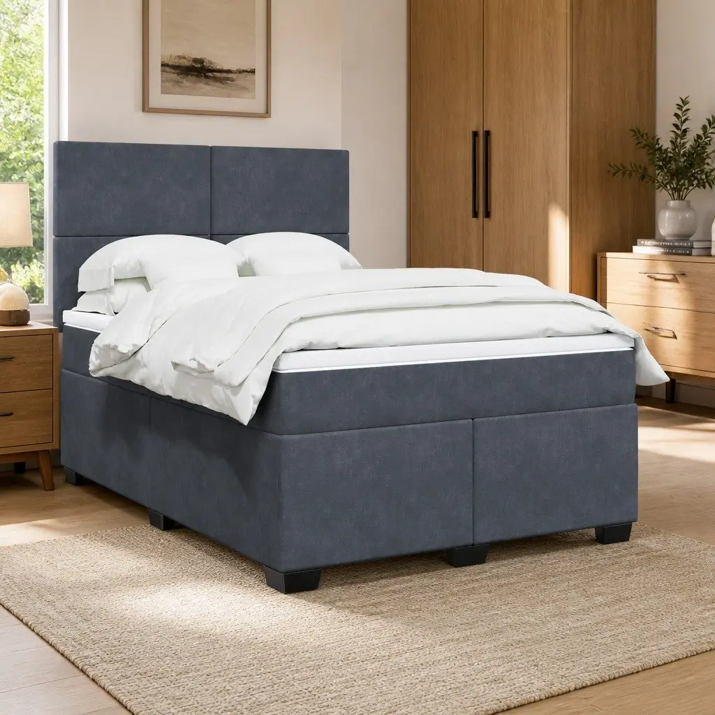 Queen Box Spring Bed Grey Height Adjustable Headboard Pocket Spring Mattress Velvet Fabric