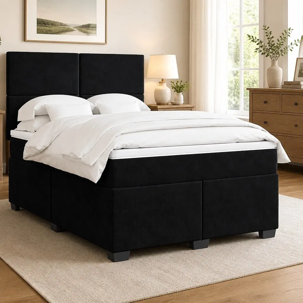 Queen Box Spring Bed Black Velvet Adjustable Headboard Pocket Spring Mattress
