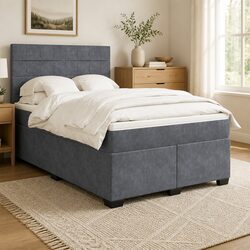 Grey Queen Box Spring Bed with Adjustable Headboard