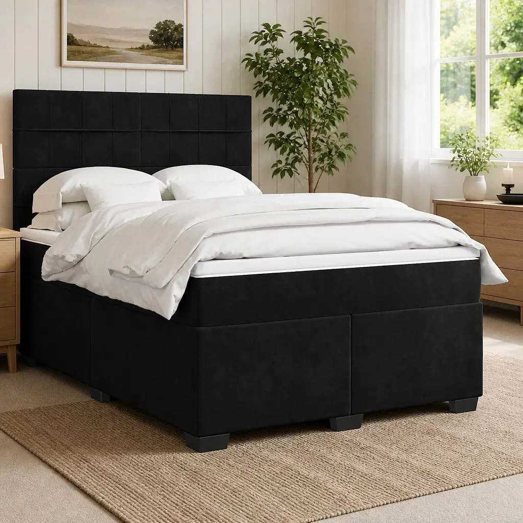 Queen Box Spring Bed Black Velvet Adjustable Pocket Sprung Mattress