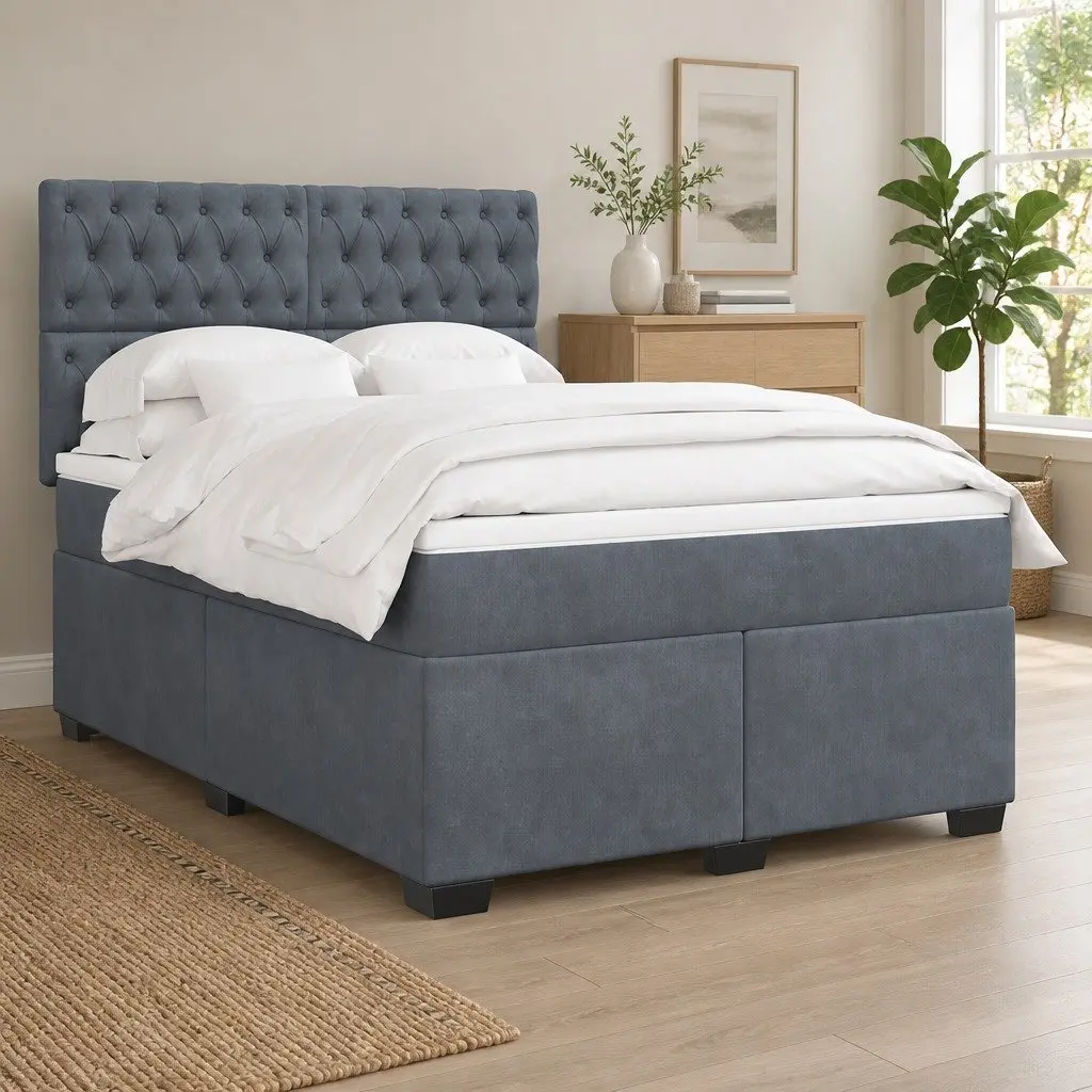 Queen Box Spring Bed Grey Velvet Adjustable Height Pocket Spring Mattress
