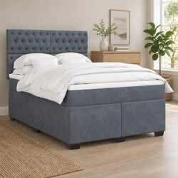 Grey Velvet Queen Box Spring Bed with Pocket Spring Mattress