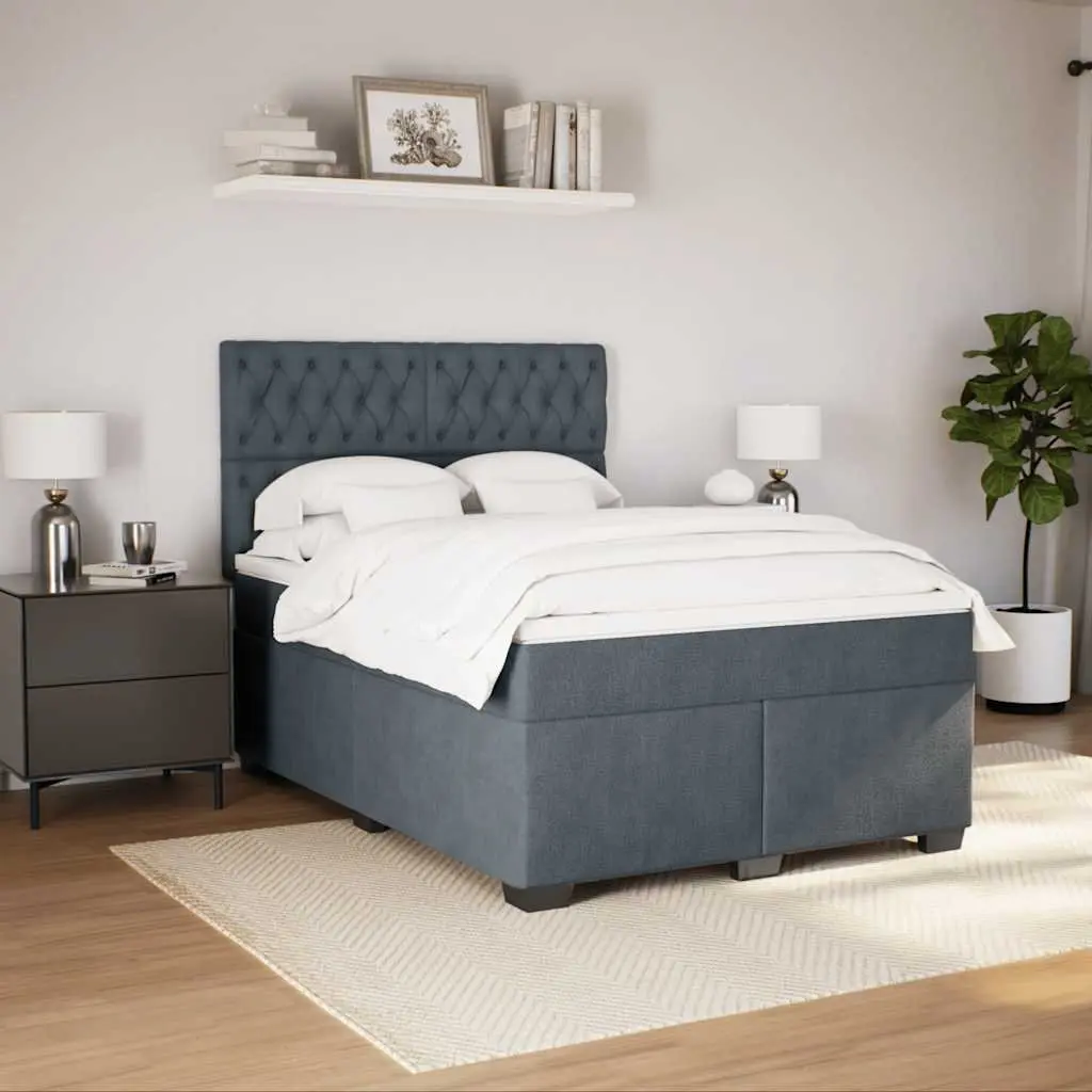 Queen Box Spring Bed Grey Velvet Adjustable Height Pocket Spring Mattress