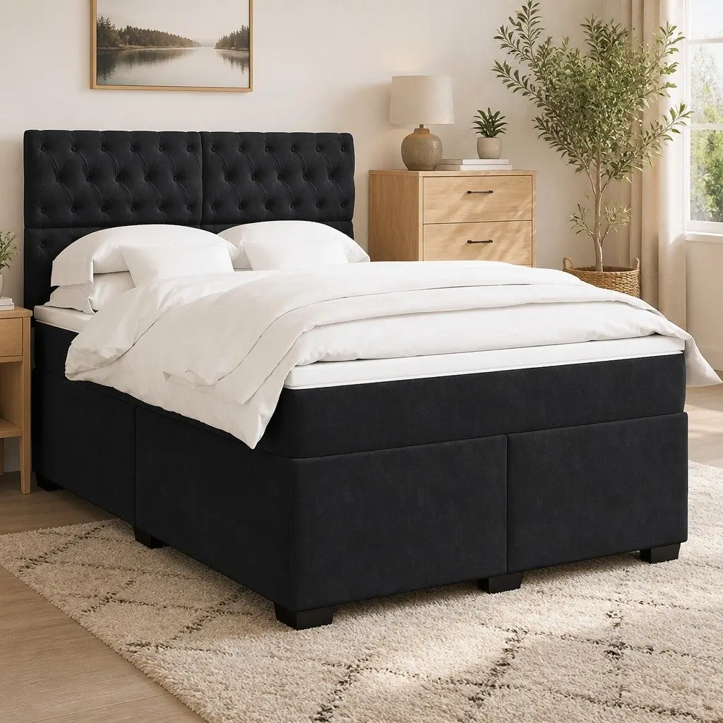 Queen Box Spring Bed Black Velvet Adjustable Headboard Pocket Spring Mattress