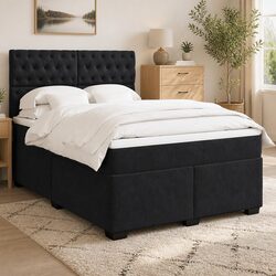 Queen Box Spring Bed with Adjustable Headboard in Black Velvet