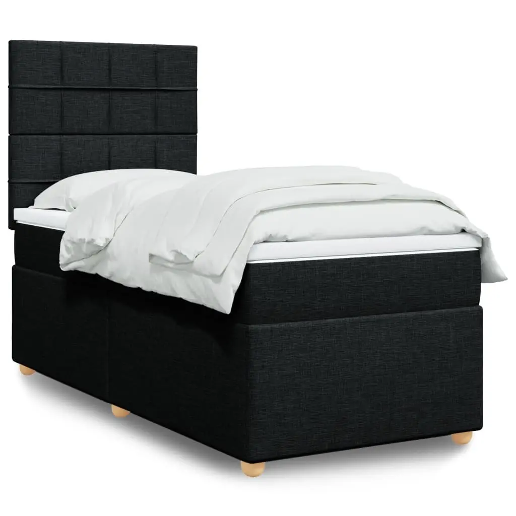 King Single Box Spring Bed with Pocket Mattress Black Fabric Headboard