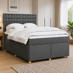 Double Box Spring Bed with Grey Fabric Headboard