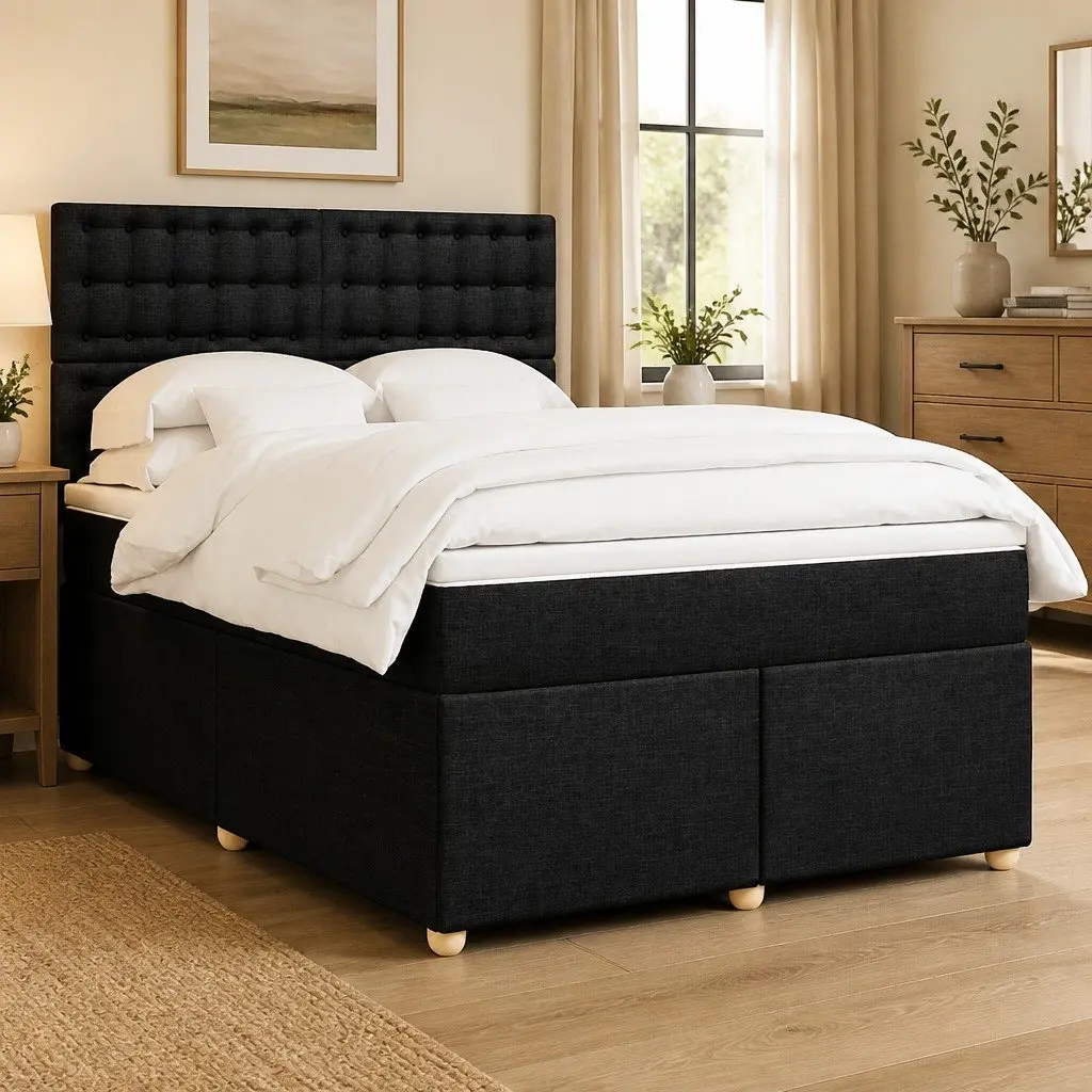 Double Box Spring Bed with Pocket Spring Mattress Height-Adjustable Headboard Black Polyester Fabric