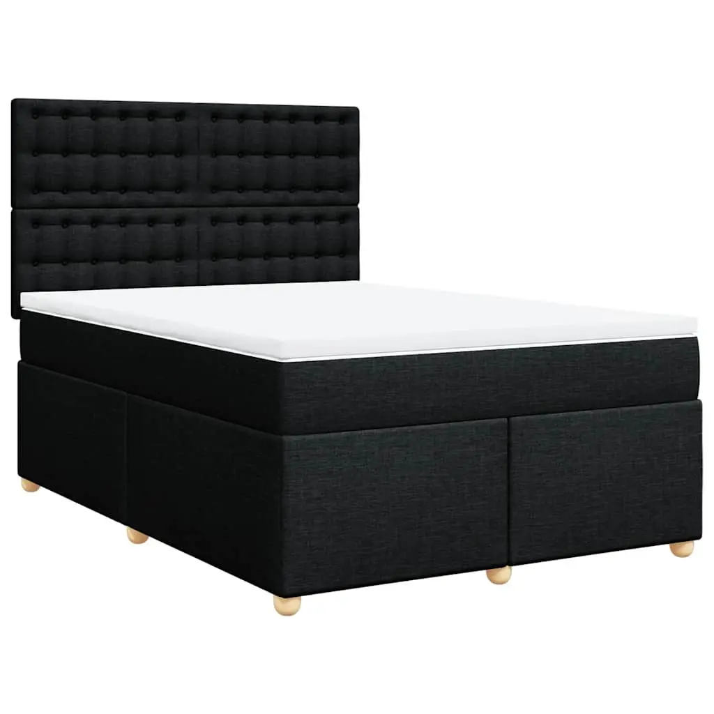 Double Box Spring Bed with Pocket Spring Mattress Height-Adjustable Headboard Black Polyester Fabric