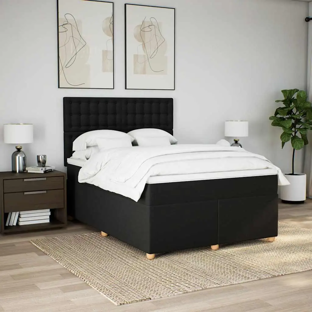 Double Box Spring Bed with Pocket Spring Mattress Height-Adjustable Headboard Black Polyester Fabric