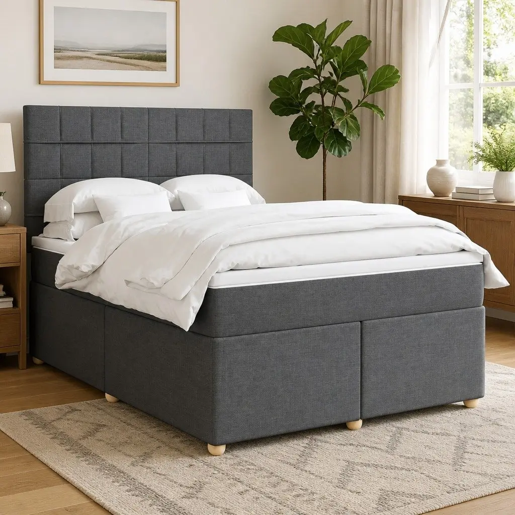 Queen Box Spring Bed Grey Fabric Pocket Spring Mattress Adjustable Headboard