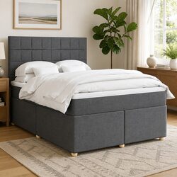 Queen Box Spring Bed with Adjustable Grey Fabric Headboard