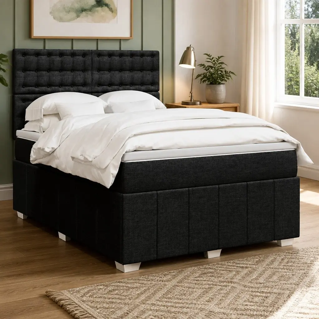 Double Box Spring Bed Black Fabric Pocket Spring Mattress Adjustable Headboard