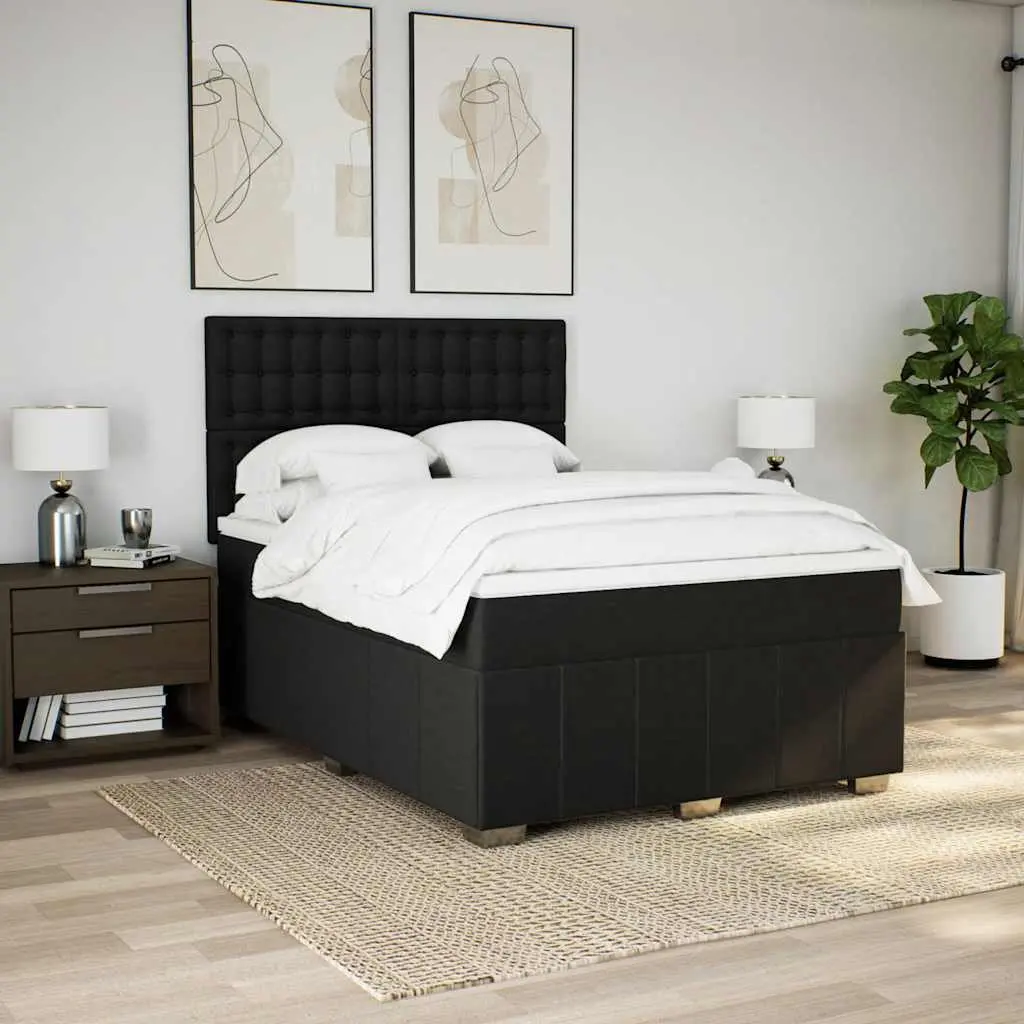 Double Box Spring Bed Black Fabric Pocket Spring Mattress Adjustable Headboard