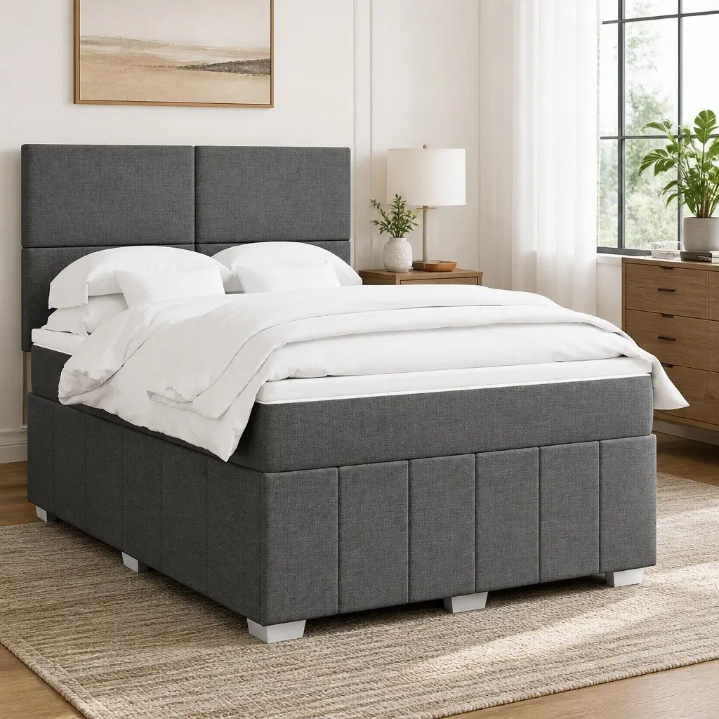 Queen Box Spring Bed Grey Pocket Spring Mattress Height-Adjustable Headboard Polyester Fabric