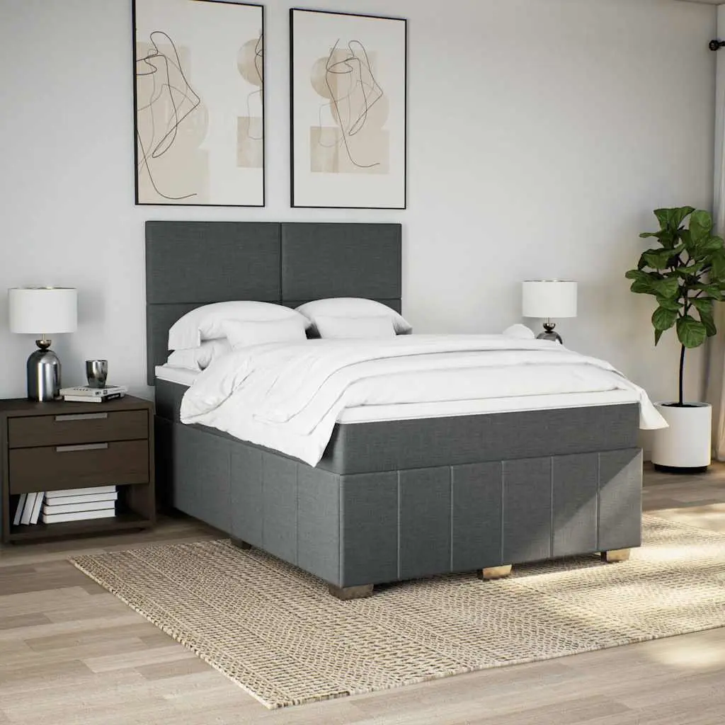 Queen Box Spring Bed Grey Pocket Spring Mattress Height-Adjustable Headboard Polyester Fabric