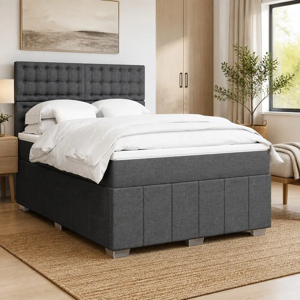 Queen Box Spring Bed Grey Fabric Pocket Sprung Mattress Adjustable Headboard