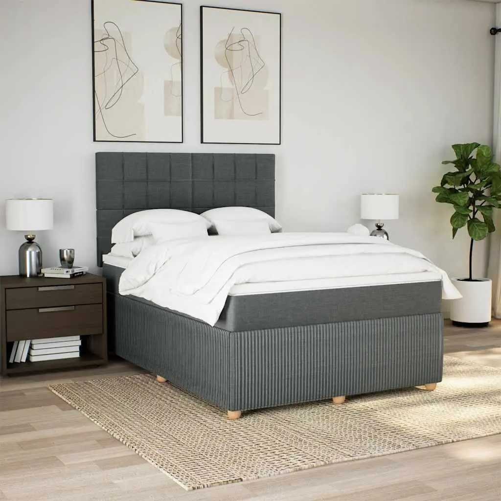Queen Box Spring Bed Dark Grey Height-Adjustable Headboard Pocket Spring Mattress Polyester Fabric