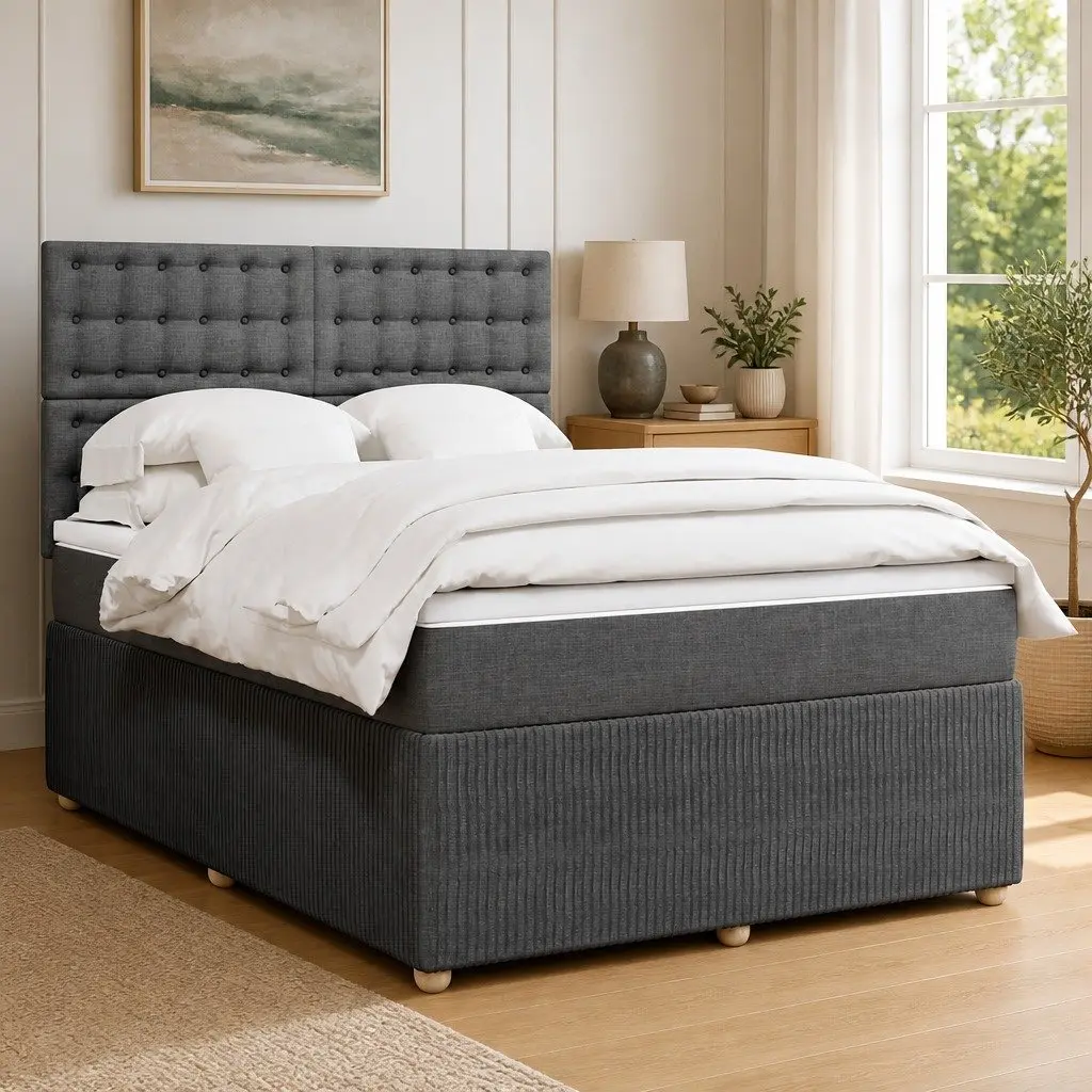 Queen Box Spring Bed Grey Fabric Adjustable Headboard Pocket Spring Mattress