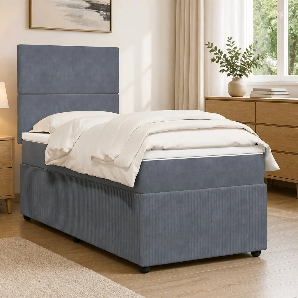 Box Spring Bed Grey Velvet King Single Pocket Spring Mattress Height Adjustable Headboard