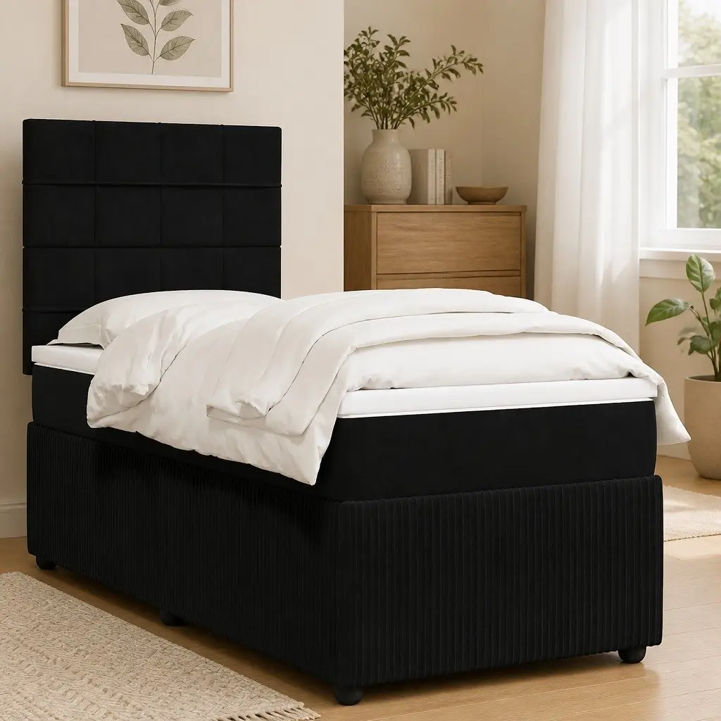 Box Spring Bed Black Velvet King Single Pocket Spring Mattress Adjustable Headboard